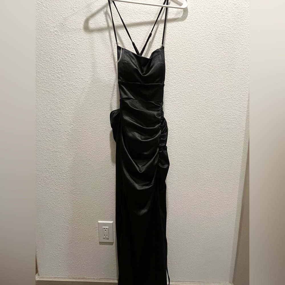Women Drape Slit Open Back Prom Black Tie Dressa